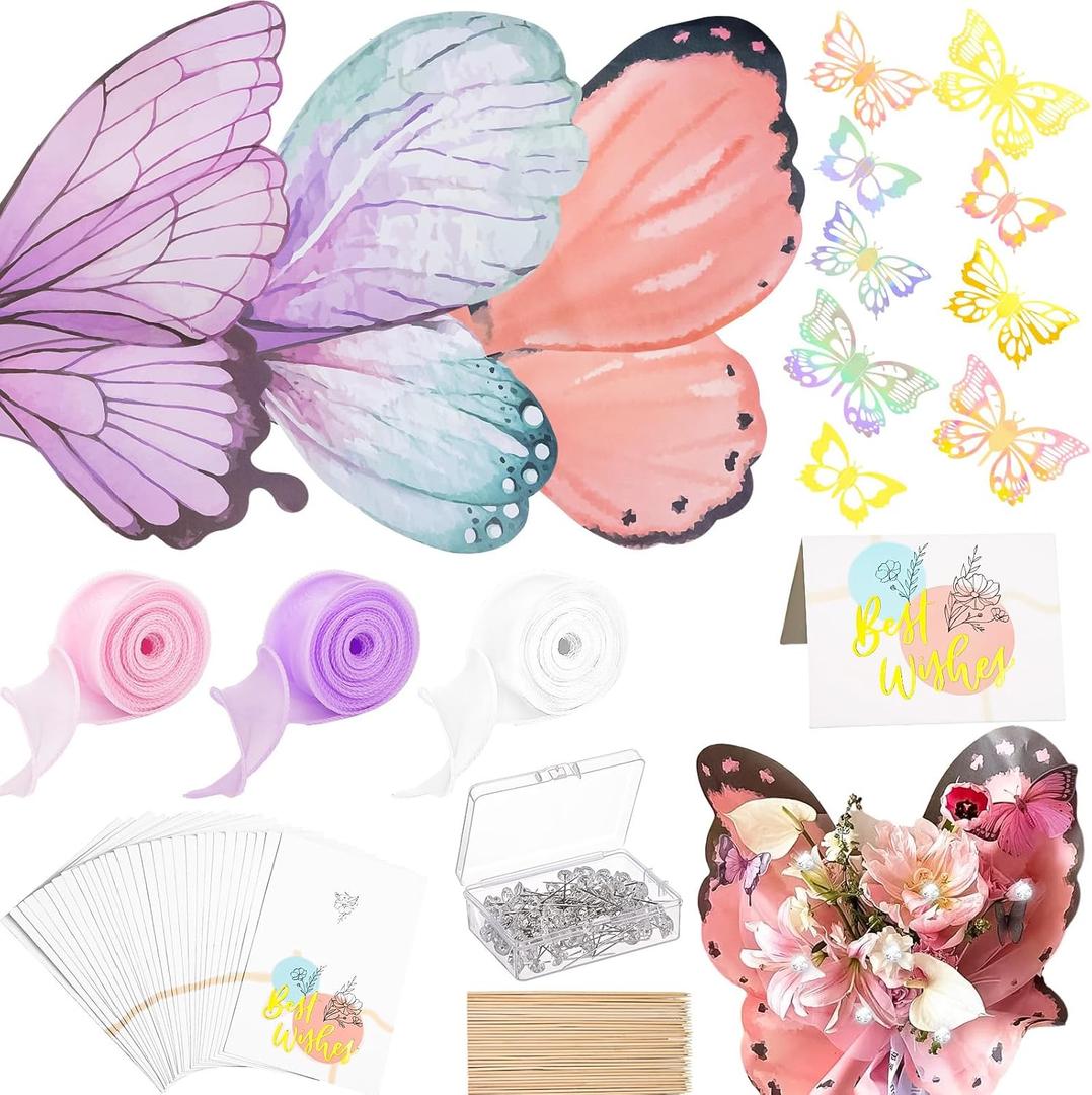 334 PCS Flower Bouquet Accessories, 120 Sheets Flower Bouquet Wrapping Paper, Waterproof Flower Wrapping Paper with Ribbons Flower Pins 3D Butterflies Bamboo Stick and Cards for DIY Craft Gift Package