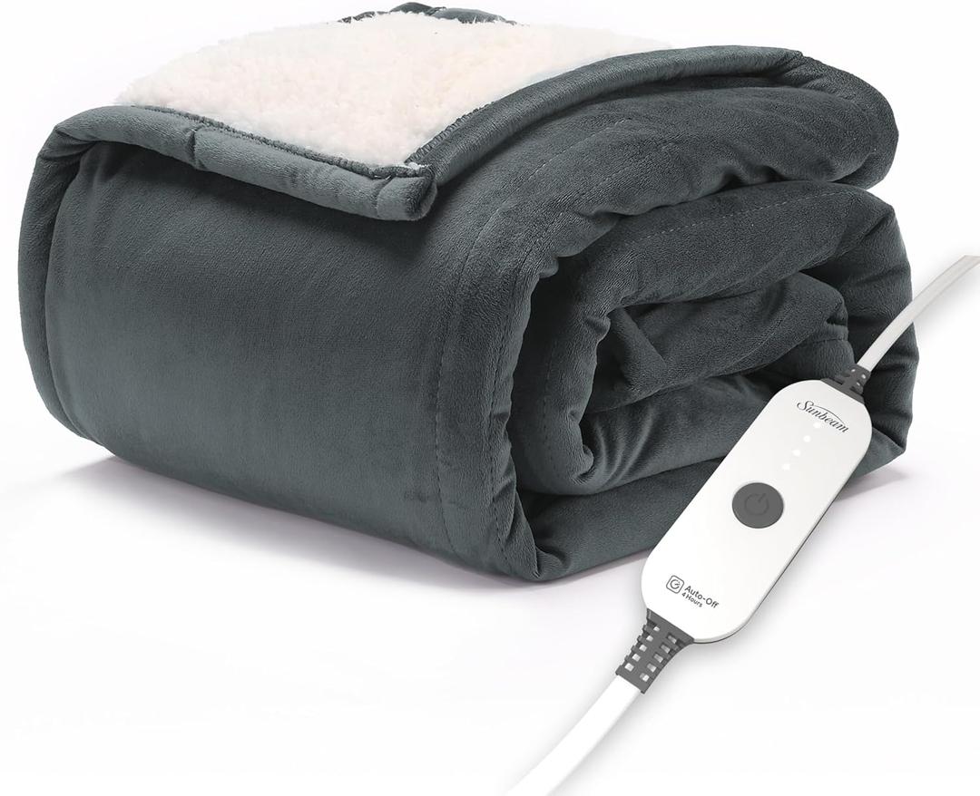 Sunbeam Electric Throw Royal Luxe Microplush Heated Blanket, 4 Heat Settings, 4-Hour Auto Shut-Off, Fast Heating, Warm and Cozy, Grey Rodeen Plaid, Queen