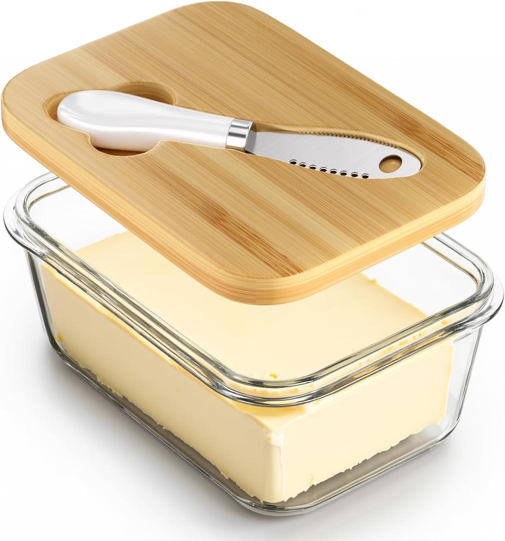 Glass Butter Dish with Bamboo Lid and Knife, Airtight Seal for Freshness, Large Butter Dish for East and West Coast Butter, Ideal for Countertop and Refrigerator Storage, Premium Glass Butter Keeper