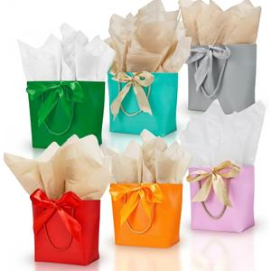 Aosric 12 Pack Small Color Gift Bags with Ribbon & Tissue Paper, 7.48x3.54x7.9 In Treat, Candy, Favor, and Goodie Bags with Bottom Board, Perfect for Parties, Birthday, Wedding, Christmas, Baby Shower