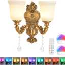 Battery Operated Wall Sconce 2-Light, RGB Dimmable Rechargeable Wall Light with Glass Shade, 48hr Battery Life Wireless Sconce with Remote Control Timer, Farmhouse Rustic Style Wall Lighting Fixture