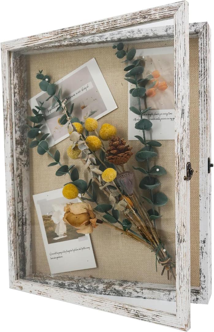 GraduationMall 13x16 Wood Shadow Box Frame Glass Door Display Case with Linen Back and 6 Stick Pins,1.5 inches Interior Depth,Ideal for Memorabilia Pictures Flowers Medals Tickets Rustic White