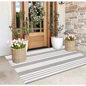 BUAGETUP Grey and White Outdoor Rug 3'x 5' Hand-Woven Cotton Washable Rug Striped Front Porch Rug Area Rug Floor Mat for Farmhouse/Layered Door Mats/Living Room