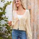 Honwenle Cardigan Sweaters for Women Cropped Tie Front Bow Lightweight Cardigan Long Sleeve Trendy Fall Shrugs (Black, L)
