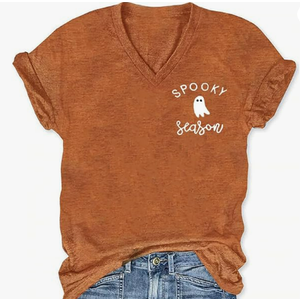 Spooky Season T Shirt for Women Fall Halloween Ghost Graphic Tees Casual V Neck Tops Autumn Funny Halloween Clothes (Brown2, S)