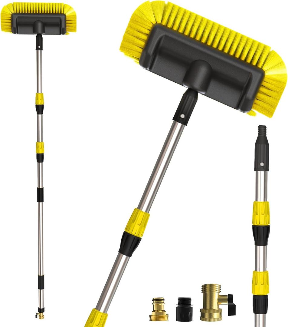 Buyplus 5-12 Foot (20 ft Reach) Car Wash Brush with 12-Inch Soft Bristle, On/Off Switch Telescopic Car Truck Boat Washing Brush with Hose Attachment for Cleaning RVs, House Siding, Floors and More!