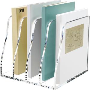 SANRUI Acrylic Desk File Organizer, 4 Vertical Compartments Clear Magazine File Holder Workspace Sorters, Folder Rack for Office Accessories Organization Storage