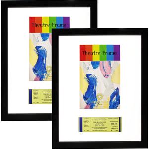 2 Packs, 11x14 Black Theatre Frame with Double White Mats, Theatre bill Frame, Holds 5.5x8.5-inch Theatre bill & Ticket for Wall Display