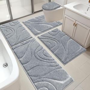 HEBE Bathroom Rugs Sets 5 Piece, Soft Absorbent Microfiber Bath Mat for Bathroom, Non Slip Washable Bath Rug Set with Toilet Cover, Bath Runner and U-Shaped Contour Toilet Rug, Light Grey