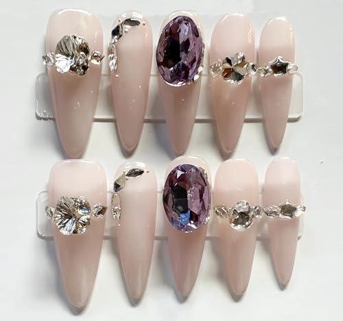 M·Q NAIL,Press on nails, Tips long nails,Hand drawn,Includes 48 jelly glue and 2 cuticle sticks and 2 rubbing strips (Naked colo inlaid with purple glass diamonds, M)