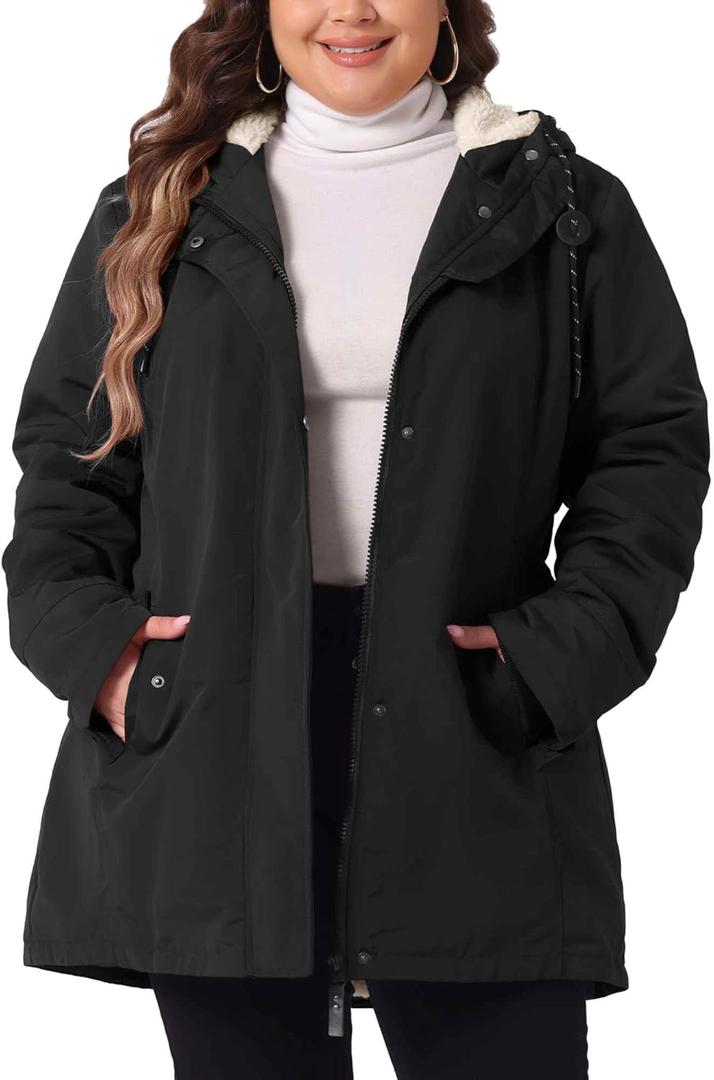 Agnes Orinda Plus Size Coat for Women Faux Lamb Fur Leather Button Down Long Sleeve Hoodie Jacket Outerwear with Pockets (3X, Black)