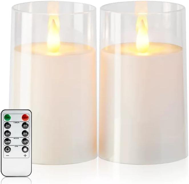 Amagic 3"5" White Flameless Candles with Remote and Timer, Realistic Flickering Battery Operated Acrylic Led Fake Candles for Home Wedding Party Fall Christmas Decor, Set of 2
