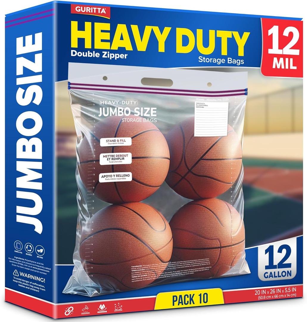 Jumbo Handle Zip Top Bags, 10 Gallon Extra Large XL Storage Bags, 12 Mil Extra Heavy-duty Clear Big Plastic, Zip Poly Bags with Resealable Lock Seal Zipper, 20x26'', 10 Bags