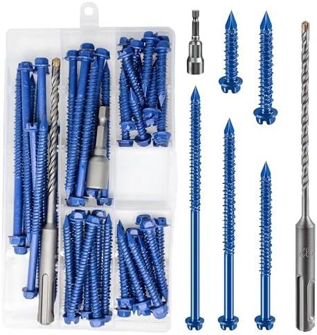Wensilon(70 PCS) 3/16" Slotted Hex Concrete Screws Anchor Kit Blue Hexagon Head for Anchoring to Masonry, Block or Brick Stucco