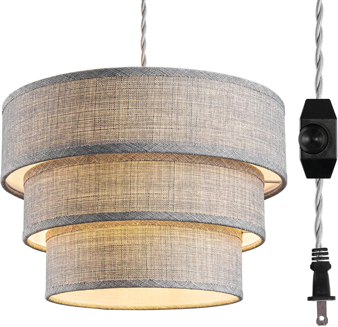 Plug in Pendant Light, Hanging Lamp with Dimmable Switch, Hanging Light Fixtures with 15 Ft Cord, Swag Light with Grey Fabric Shade for Bedroom, Kitchen, Living Room, Dining Table (Gray)