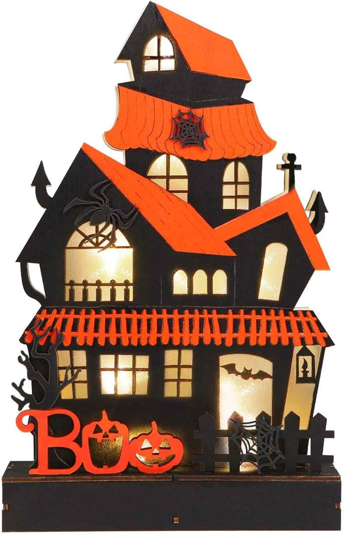 Halloween Decorations Indoor Haunted House Lights, Wooden Tabletop Decoration for Home, Battery Operated Light Up Halloween Decor for Desk Table Fireplace Room Party Decor