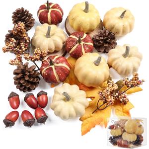 23Pcs Fake Pumpkins Fall Thanksgiving Decorations,Plastic Pumpkins with Acorns,Maple Leaves,Pine cones,Berries, Artificial Mini Pumpkin Decorating Harvest Home Decor Centerpiece Table Decorations