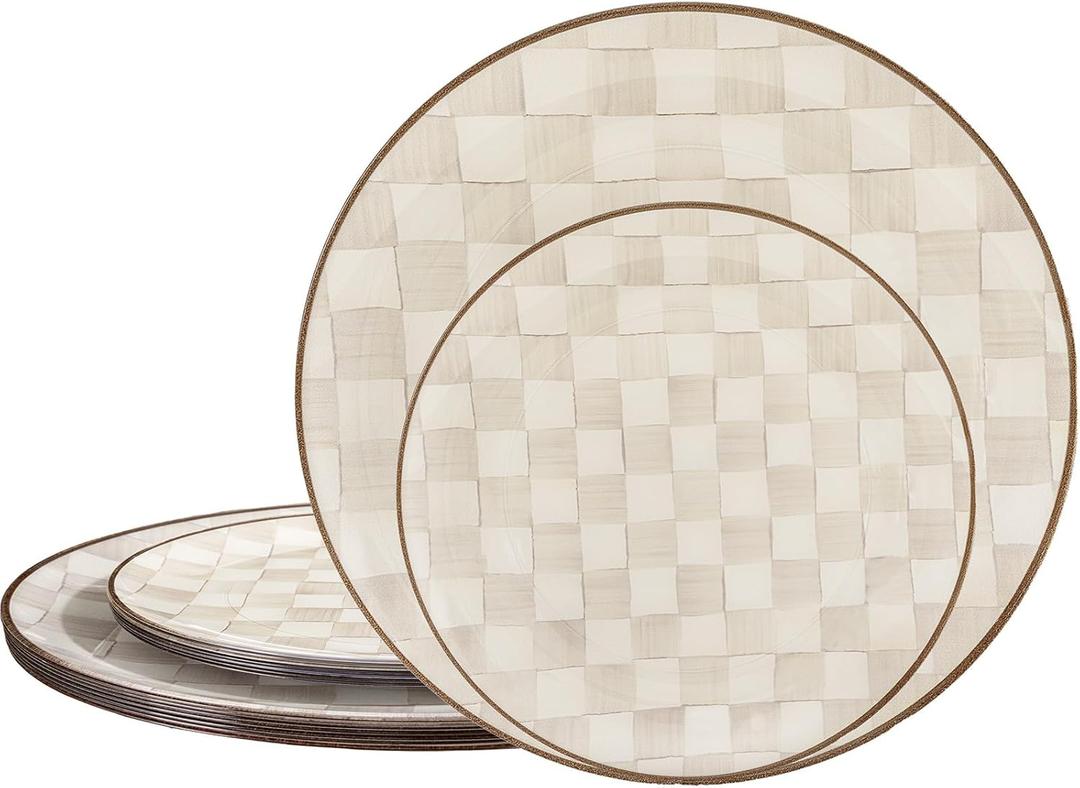 U-QE 20PCS Plastic Brown Plates for Party - Retro Checkered Plates Disposable Heavy Duty - Fancy Plastic Plate for Party, Birthdays - 10 10.25 Inch Dinner and 10 7.5 Inch Dessert Plate