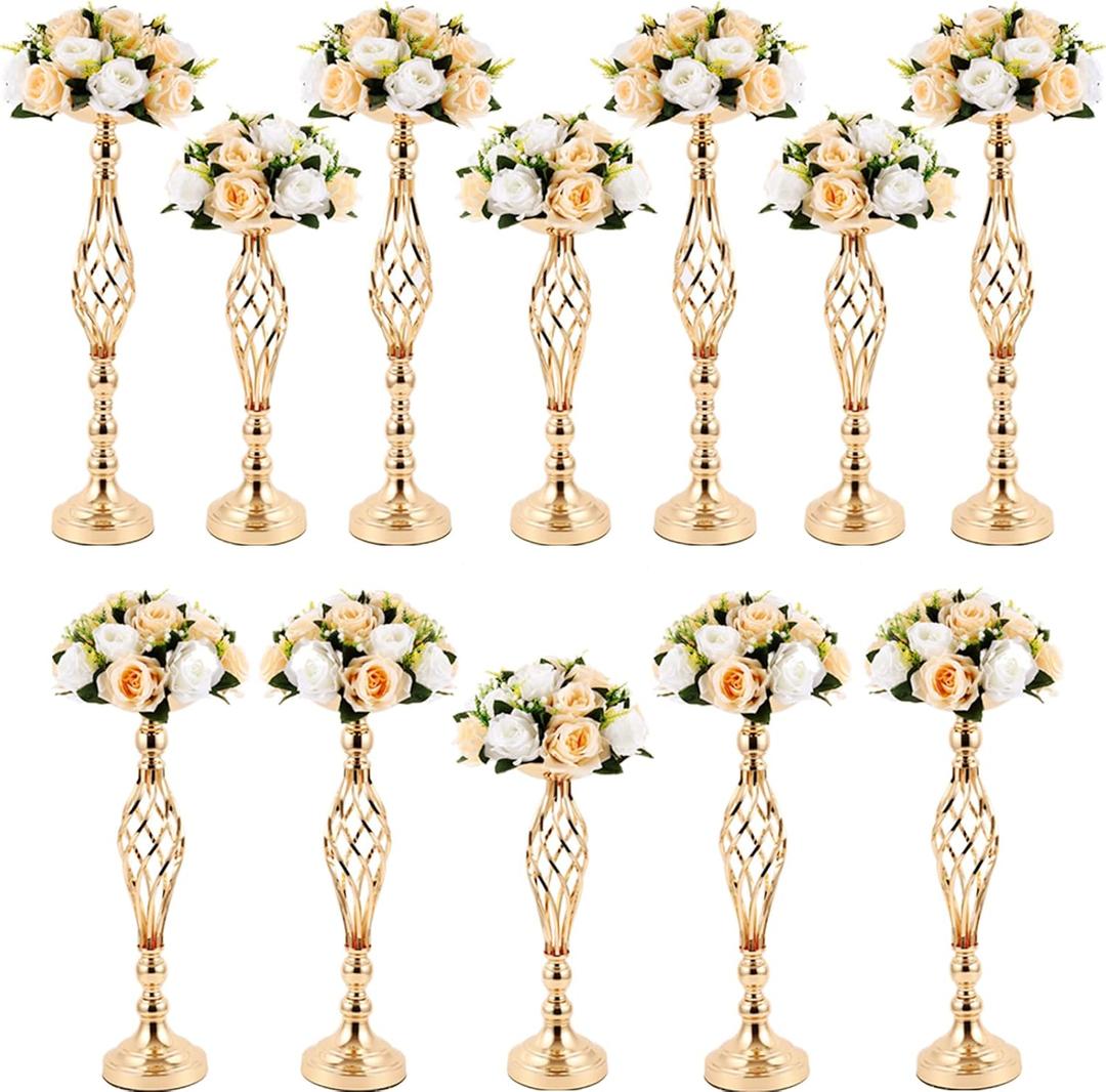 Meanplan Gold Wedding Flower Stand, 12 Pcs, Tall Metal Arrangement, Vase Included, Candle Holder Twist, Reception Table Decor, 3 Sizes