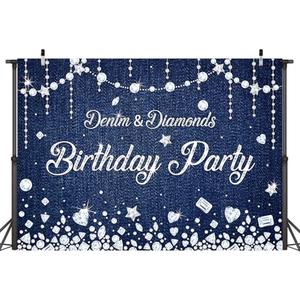 LTDKAEN Denim and Diamonds Birthday Party Backdrop Navy Blue Diamonds Happy Birthday Denim Photography Background Banner Party Decorations 7x5ft
