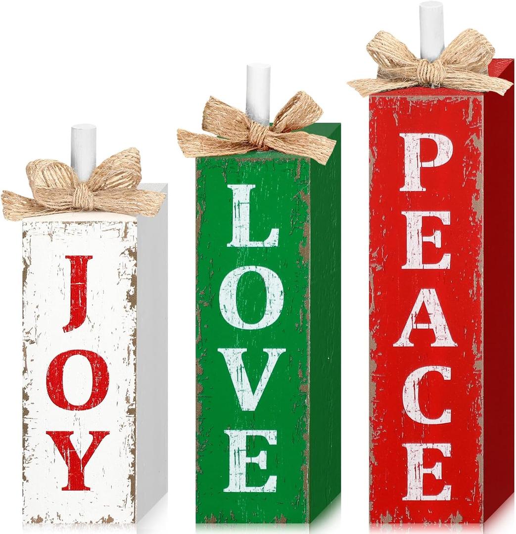 3 Pcs Christmas Tiered Tray Decor Christmas Tabletop Decor Rustic Farmhouse Wooden Table Block Sign and Centerpieces Joy Peace Love Sign for Xmas Home Shelf Kitchen Decorations