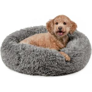 Furhaven 23" Round Calming Donut Dog Bed for Indoor Cats & Small Dogs, Washable, For Dogs Up to 20 lbs - Shaggy Plush Long Faux Fur Donut Bed - Gray, Small