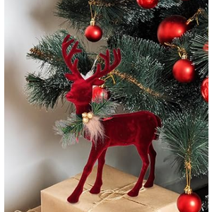  Reindeer Christmas Decorations, Flocking Christmas Reindeer Figurines with Red Buffalo Plaid Bow, Deer dcor Christmas Table Centerpieces Decorations (Marroon)