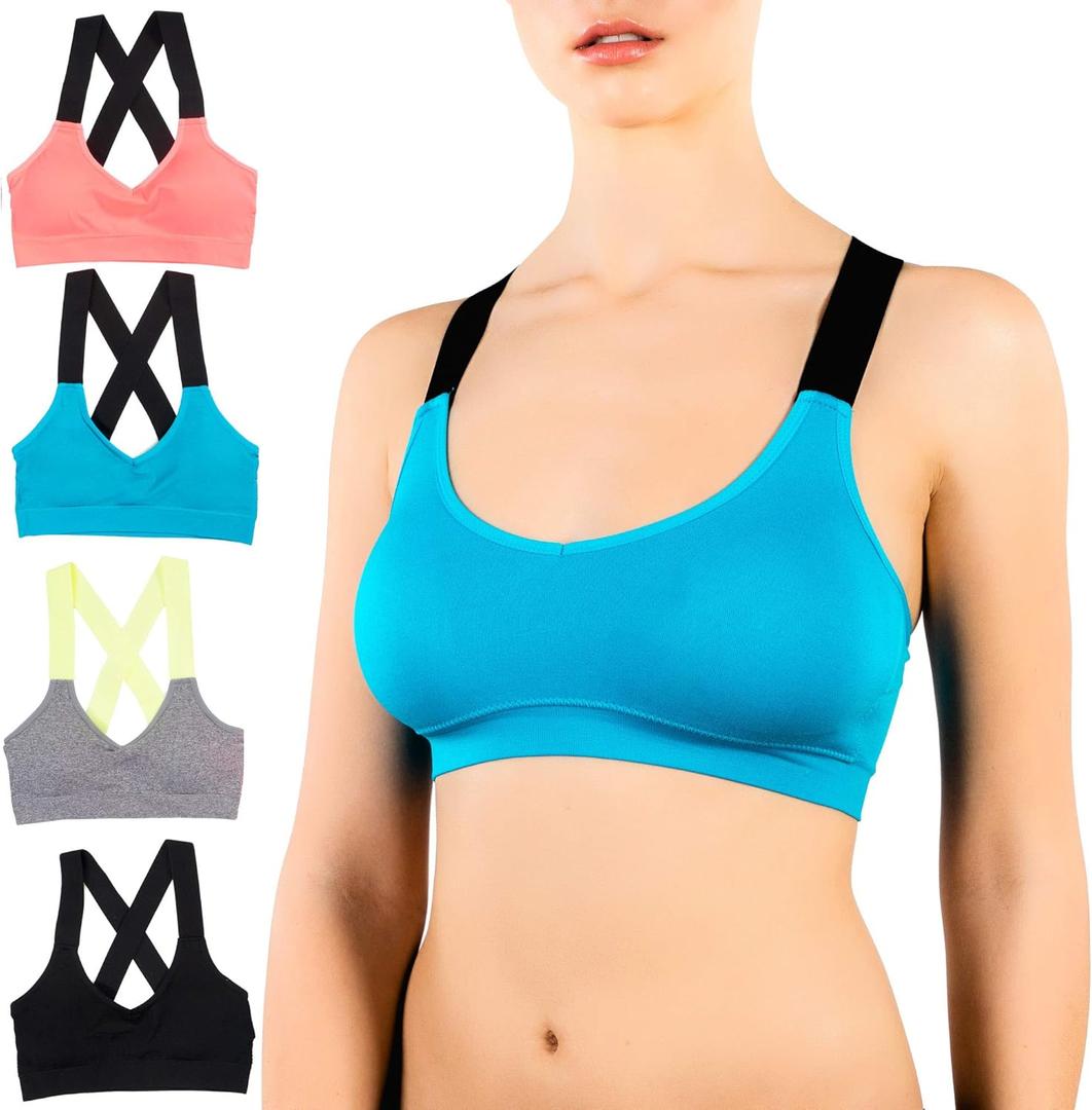 Alyce Ives Intimates Womens Sports Bra, Pack of 4| Wireless Workout Bras for Women |Padded Sports/Gym/Exercise Bras (Small, Criss Cross Straps 1)