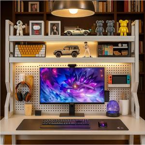 Desktop Hutch Bookshelf,Many Gifts,Metal Desktop Bookcase with pegboard, Desk Shelf White, Countertop Storage Organizer Rack for Dorm or Office,Desktop Shelves(White, 29.5" Lx9.9 Wx39 H)