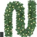 CCINEE 9FT Prelit Artificial Christmas Garland, Green Xmas Garland Battery Operated with 50 Warm LED Lights Lighted Christmas Pine Garland for Mantle Fireplace Stairs Indoor Outdoor Decoration
