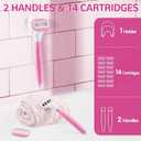 Razors for Women Include 2 Non-Slip Handles and 14 Blade Refills with a Shower Holder, 5 Premium Blades Women's Razors for Shaving with 360 Lubrication Reduces Irritation, Pink
