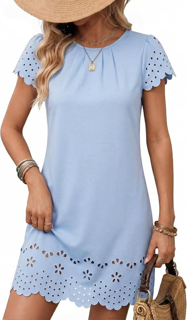 Dokotoo Womens Summer Dresses 2026 Short Sleeve Hollow Out Crewneck Pleated Front Casual Elegant Mini Dress (Small, Sky Blue)
