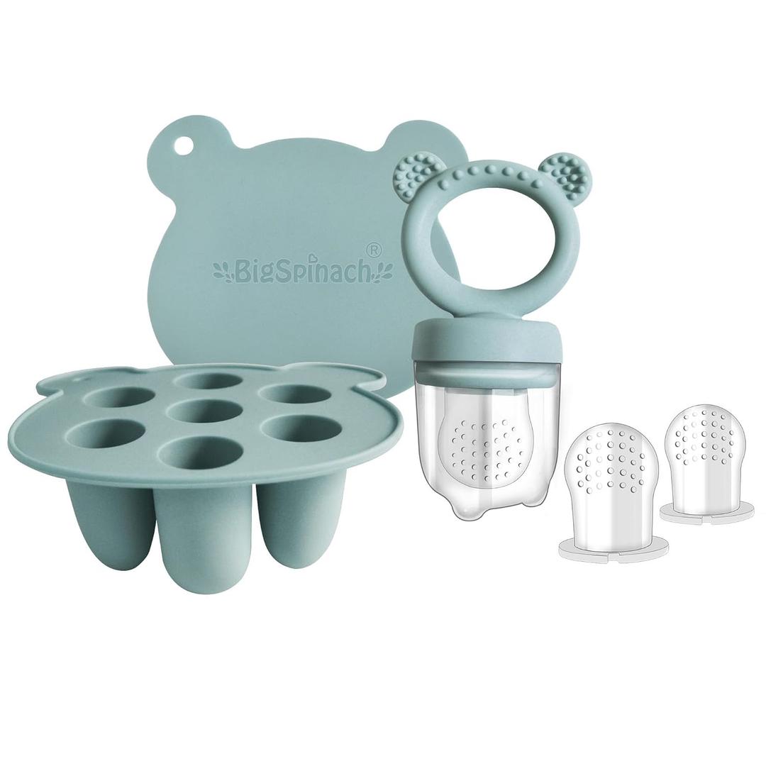 BigSpinach Silicone Baby Food Freezer Tray with Teething Popsicle Molds - Baby Fruit Feeder and Breastmilk Teether Combo (Blue)