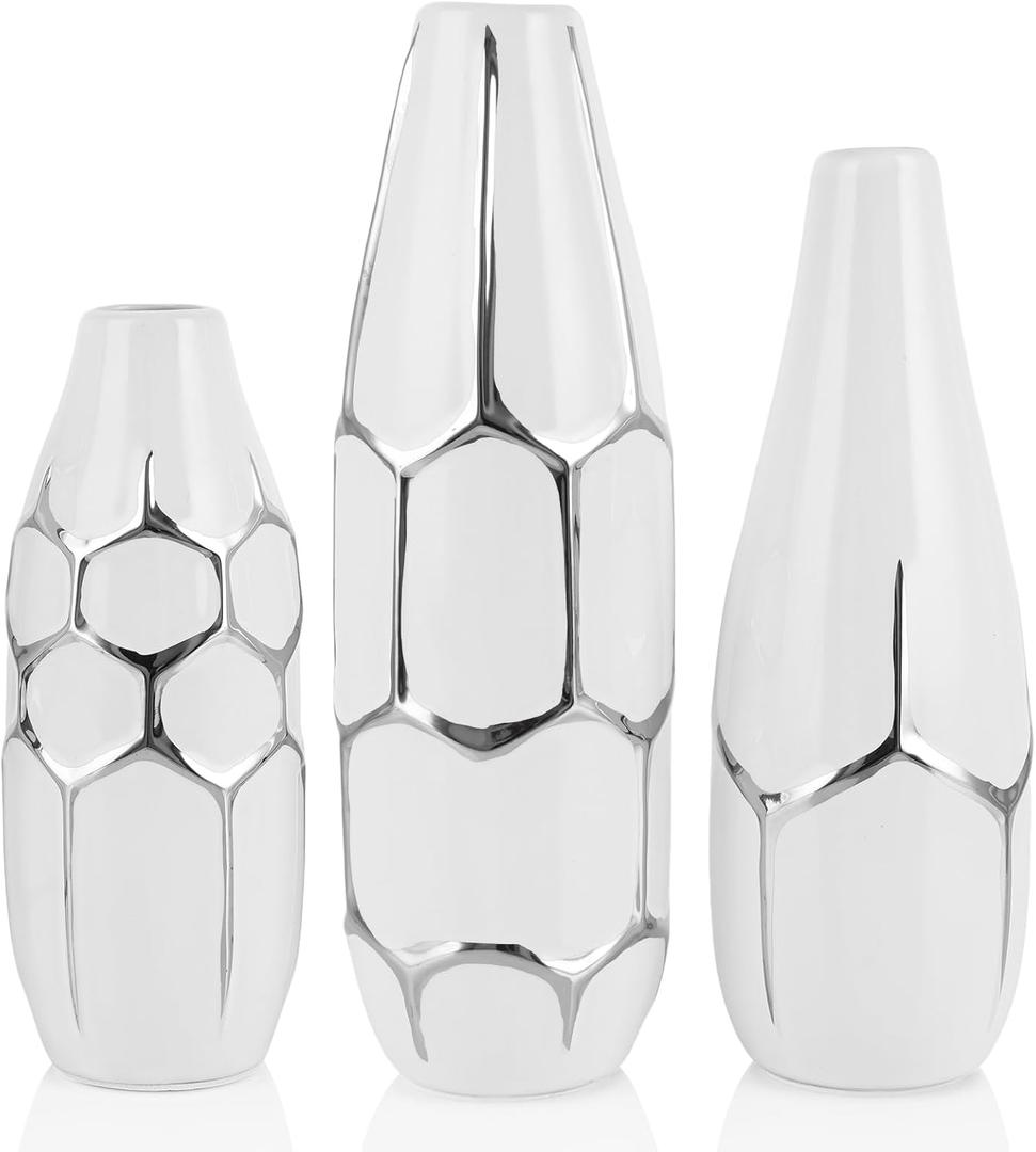 Ceramic Vase Set of 3, Modern Vases for Home Decor, White and Silver for Living Room, Kitchen, Bedroom, Bathroom, Entryway Mantel, Living Room TV Cabinet Decoration (Ws)
