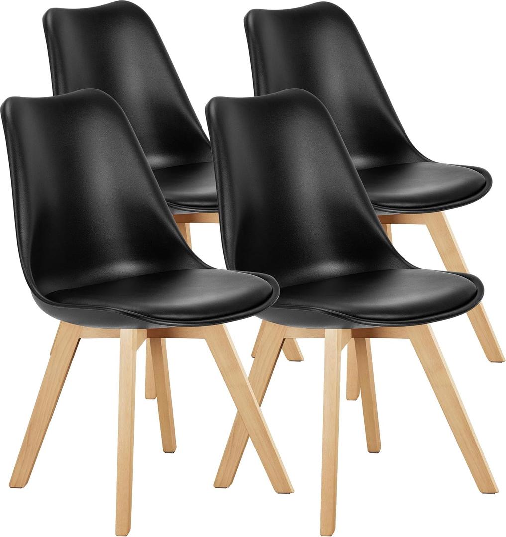 OLIXIS Dining Chairs Set of 4 Kitchen Mid Century Modern Chairs with Wood Legs and PU Leather Cushion for Living Room Bedroom Outdoor Lounge, Black