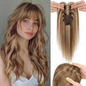 S-noilite Hair Toppers for Women with Bangs Real Human Hair 360 3D Cover Clip in Bangs 2X6 Coverage Clip in Hairpiece for Women with Thinning Hairline 10Inch (Medium Brown/Dark Blonde)