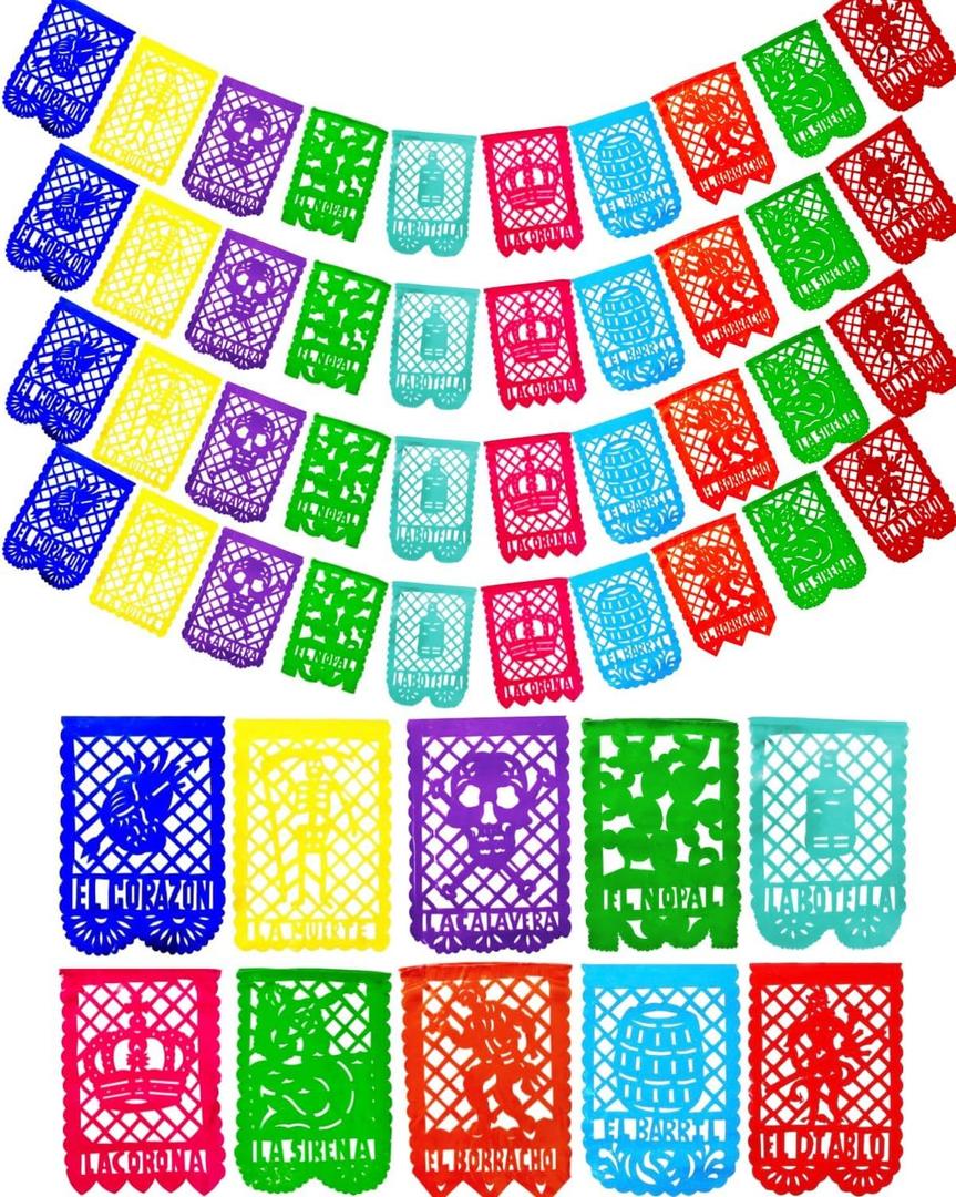 La Loteria Mexican Party Banner Set (50-ft, PLASTIC) | Papel Picado with Mexican Bingo Card Designs | Party Decorations for Cinco de Mayo, Birthdays, Fiestas (4 x 12.5ft) - TexMex Fun Stuff