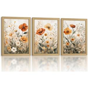 3Pcs Framed Canvas Wall Art Plant And Flower Print Wildflower Poster Pictures Vintage Nature Gallery Suitable For Living Room Bedroom Home Decor 16x24 Inch Ready To Hang
