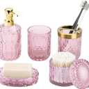 Pink Bathroom Accessories Set, 5Pack Clear Glass Bathroom Accessories, Includes Lotion Soap Dispenser, Toothbrush Holder, Qtip Holder and Soap Dish, Vintage Bathroom Decor