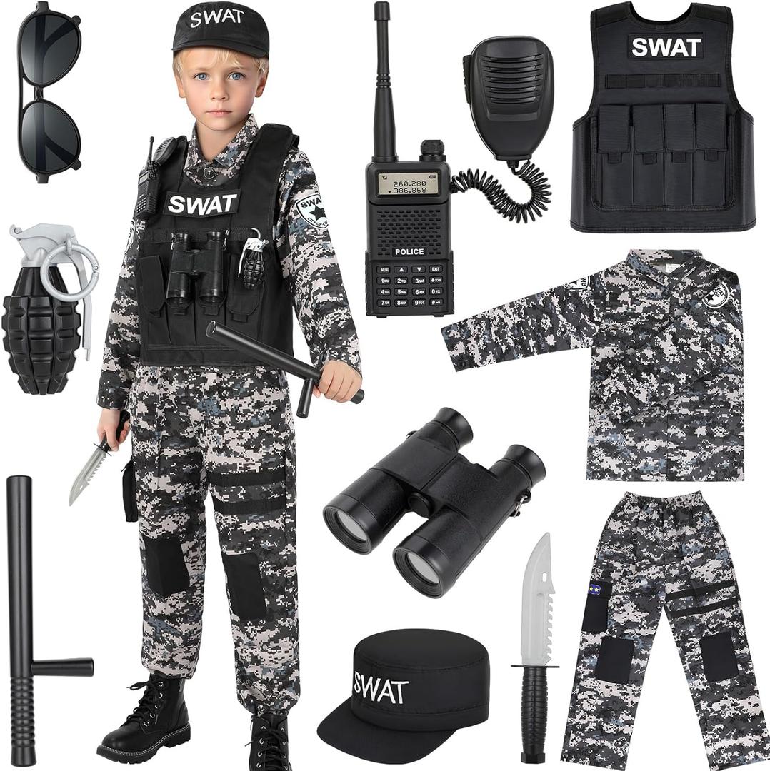 Swat Police Officer Costume for Kids, Police Costume for Kids with SWAT Costume, SWAT Vest, Halloween Costume for Boys, Role Play Kit for Boys Girls (Large-(8-10 Year)