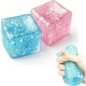 Squishy Stress Cube, Glitter Cube Squishy Toys, Squeeze Stress Relief Toys Cube for Kids Adults