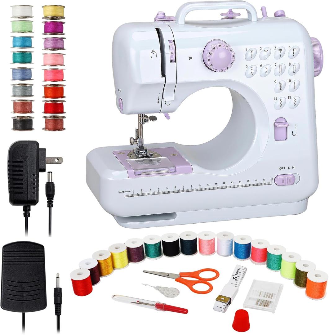 Qoosea Mini Sewing Machine for Beginners, Portable with 12 Stitches & Dual Speed, Foot Pedal and Sew Accessories Kit for Home Quick Repairs and DIY Crafts