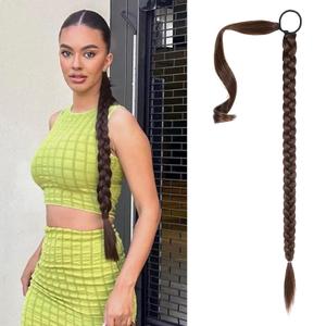 SEIKEA Upgraded Long Braid Ponytail Extension with Elastic Tie Straight Sleek Wrap Around Braid Hair Extensions Ponytail Dark Brown with Copper Highlights 34 Inch (After Braided 30 Inch)