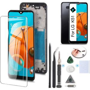 Display for LG K51 Screen Replacement Touch Digitizer for LG K51 LCD K500 K500UM K500KM K500MM LMK500MM LCD Display Panel Replacement Assembly with Kit(Black with Frame)