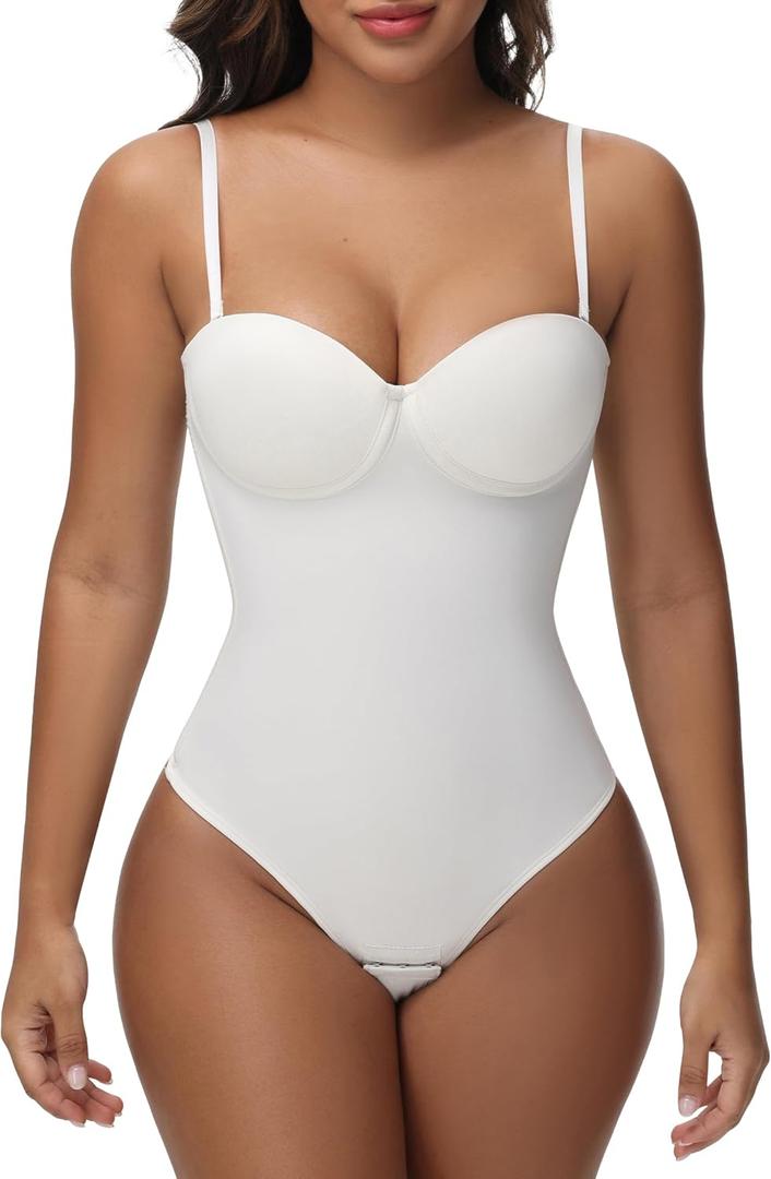SHAPSHE Strapless Shapewear Corset Bodysuit Tops for Women Tummy Control V Neck Thong Body Shaper Going Out Outfits (Medium, White)