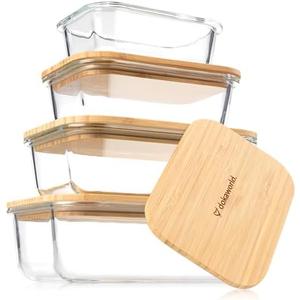 dokaworld Set of 4 Stackable Space-Saving Nesting Glass Containers with Airtight Bamboo Lids - Lunch, Meal & Food Prep - Microwave & Oven Safe BPA Free Durable Heat Resistant Inert Borosilicate Glass