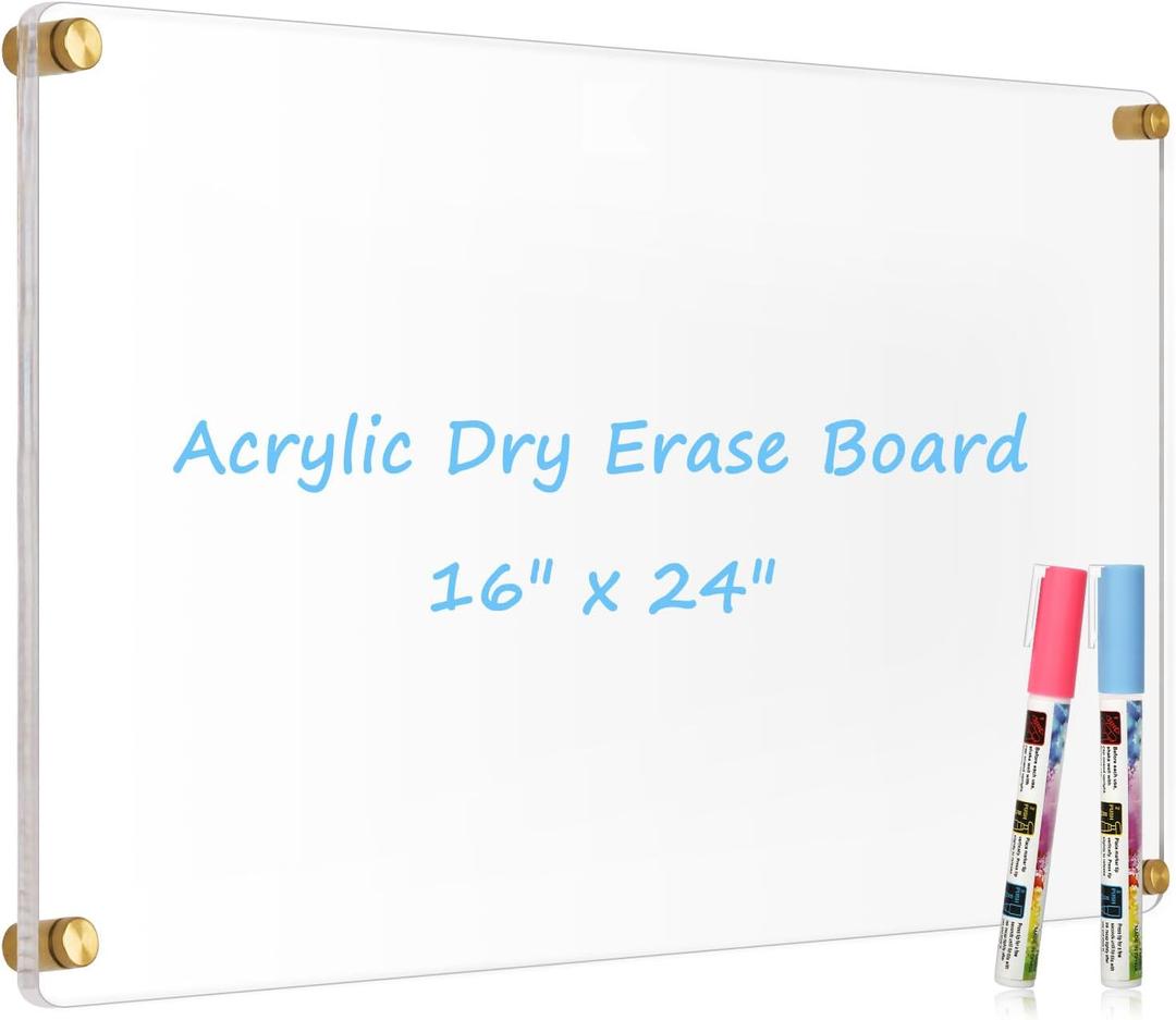 Large Clear Acrylic Dry Erase Board, 24" X 16" Golden Non-Magnetic Frameless Clear White Board for Wall, Erasable Acrylic Board for Wall, Home, Office, School, 2 Markers