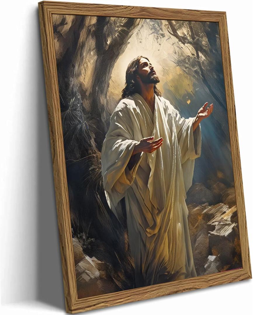 Framed Christian Jesus Canvas Wall Art, Jesus Praying Wall Decor Paintings, God Light Pictures Prints Religious Home Decor for Living Room Bedroom Church Prayer Room 16x24 inch