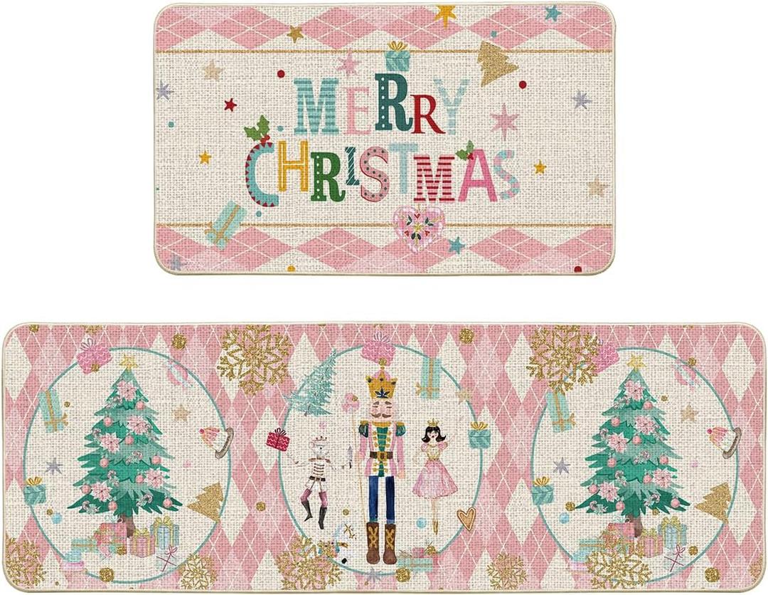 Artoid Mode Diamond Plaid Nutcracker Merry Christmas Kitchen Mats Set of 2, Winter Decor Low-Profile Kitchen Rugs for Floor - 17x29 and 17x47 Inch (Pink)