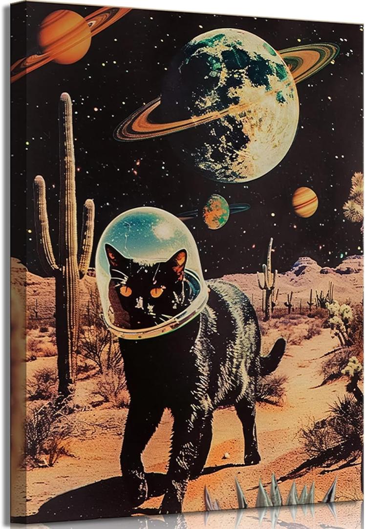 Ijeroain Black Space Cats Wall Art Funny Cat Wall Decor Pictures Cat astronaut painting artwork Cosmic planet Whimsical Print for Boys and Girls Room Bedroom home decoration 12x16in Canvas